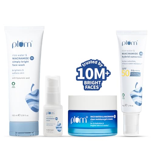 Image of Plum Niacinamide Brightening Skincare Routine Combo | Oil-Free Hydration, Oil Control & SPF 50 PA++++ Protection | Face Wash 100ml, Serum 15ml, Moisturiser 50g & Sunscreen 50g
