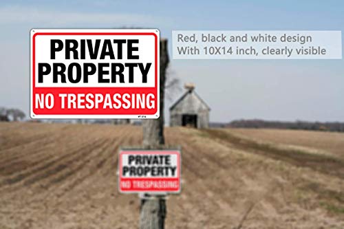 Image of Large No Trespassing Signs Private Property, 10x14 Inch Aluminum, 4 Pack | Rust-free aluminum with UV print; weatherproof for yard, fences, gates, farms, driveways, and home entrances