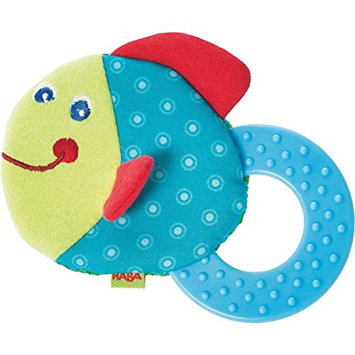 HABA Teether Chomp Champ Fish Teether - Soft Activity Toy with Crackling Foil & Plastic Teething Ring for Birth and Up