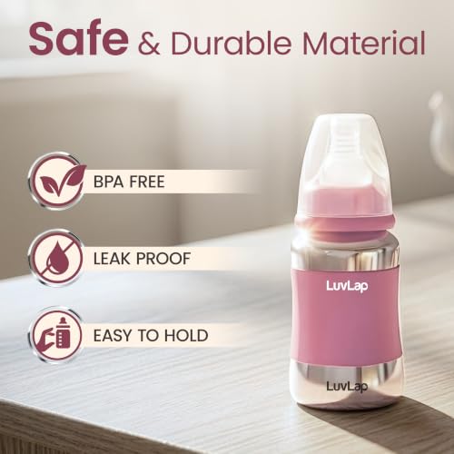 Image of LuvLap Baby Steel Feeding Bottle 140ml, Made of SS304 Rust Free Steel, Baby Milk /Water Bottle with Dust Cover, Heat Protective Silicone Cover, BPA Free, Odour Free, Leak Proof, Pink, 0M+