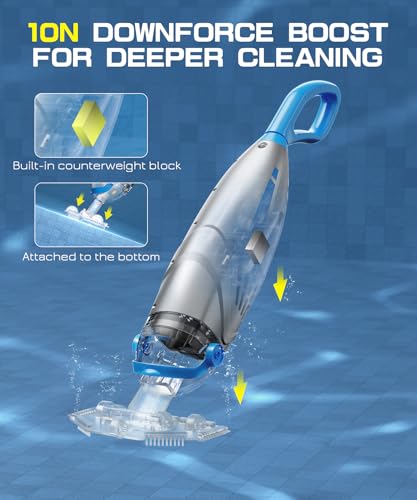 UIRWAY V3 Poolsauger Akku Bodensauger, Absaugung bis zu 6000 L/H, IPX8 Handpoolsauger mit Pool Sauger akku elektrisch, 2 Saugköpfe & 4 Filter, 60 Minuten Laufzeit, Für Einbaupools & Whirlpool