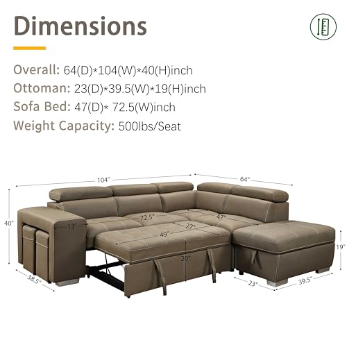 THSUPER 104'' Microfiber L Shaped Sectional Sleeper Sofa Couch with Pull Out Bed and Storage Ottoman, Convertible Couches with Adjustable Headrest for Living Room, Right Facing Chaise. Light Brown