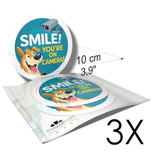 Autocollants de signalisation - Caméra de surveillance - Smile. You’re on camera (chien) - 3 stickers ronds - 10cm – vue 2