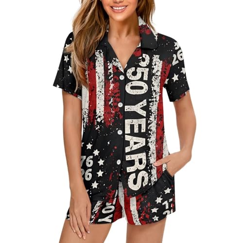 Image of Women's Short Sleeve Sleepwear Button 2 Piece Plus Size Pajamas Casual Soft Stretchy Funny Nightwear with Pockets