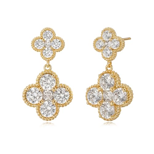 14K Gold Plated Double Plum Blossom Dangle Birthstone Four Leaf Clover Stud Earrings for Women, Hypoallergenic Drop Trendy Dainty Gold Earrings Birthday Gifts