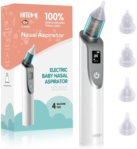 HITOMI Nasal Aspirator for Baby, Electric Nose Aspirator for Toddler with Adjustable 3 Levels Suction, Low Noise Rechargeable Baby Nose Sucker, Waterproof Automatic Nose Cleaner with 4 Silicone Tips