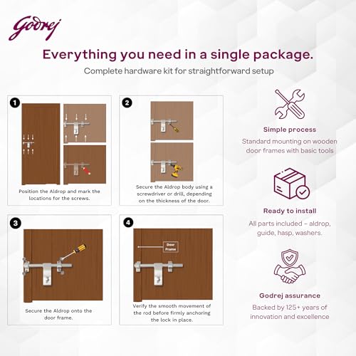 Image of Godrej Door Fittings | Baby Latch Aldrop for Main Door (8 inch, Antique Brass Finish) | Lock for Left or Right Handed Doors | Aldrops for Kids Room, Bathroom, Indoor Rooms | Size 200 x 12 mm