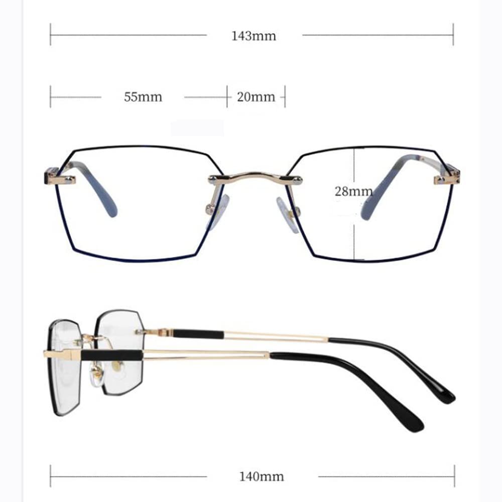 FREAZE Rahmenlose Lesebrillen Diamantschliff HD Brille Lesehilfe Herren Lesebrille Unternehmen Schwarz 1.0 2.0 3.0 Anti Blaulicht Anti Müdigkeit (Size : +1.5)