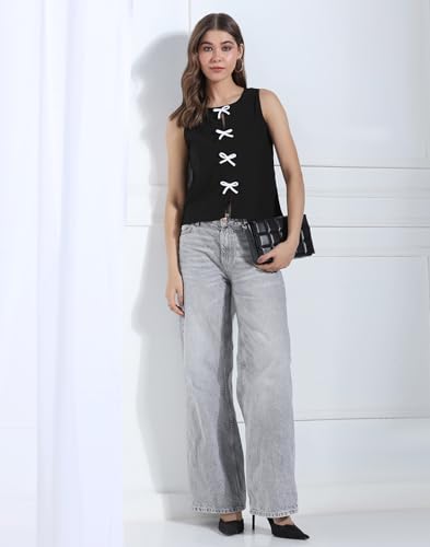 Image of Selvia Women's Solid Black Sleeveless Top with Front Bow Tie-Up Detail