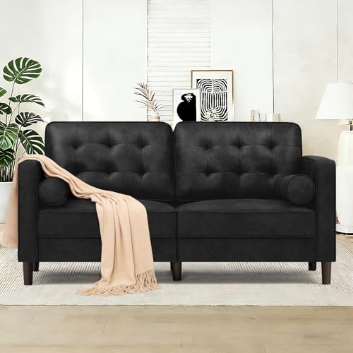 Image of 67 inch Suede Leather 2 Seater Sofa with Two Bolster Pillows, Black | Tufted Sofa with Wooden Legs, Mordern Couch for Living Room, Office, Apartment