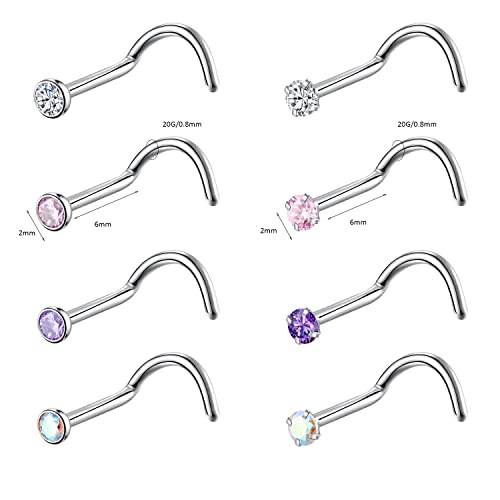8Pcs G23 Titanium Twist Screw Nose Studs 18G 20G Nose Rings 2Mm 2.5Mm 3Mm Clear Pink Purple Aurora Cz Gold Nose Piercing Studs Nostril For Women Men Gilrs Boys (20G Silver Mix-Color Cz 2Mm) #TOP1