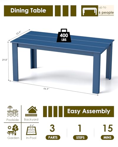 Image of GREENVINES Outdoor Dining Table | 67'' | HDPE | Rectangle Tables for 6 | All-Weather | Umbrella Hole | Patio Furniture | for Poolside Backyard Garden | Blue