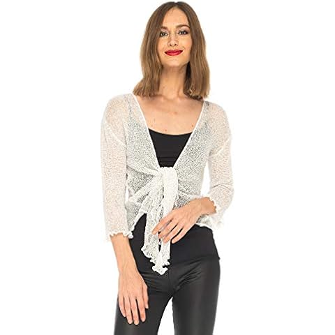 SHU-SHI Womens Sparkly Knit Sheer Shrug Cardigan Lightweight Tie Top White Cover