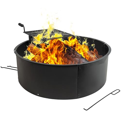 Sunnydaze Outdoor Fire Pit Ring - Heavy-Duty Round Steel Fire Ring with Cooking Grate and Poker - 36-Inch Outer/34-Inch Inner Diameter
