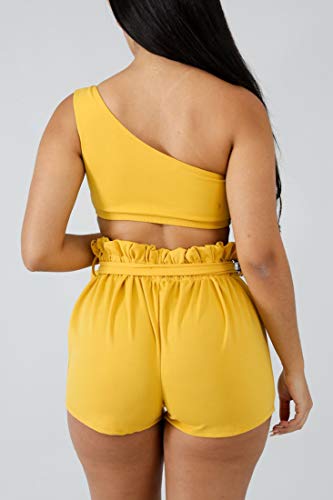 BORIFLORS Womens's Summer 2 Piece Outfits One Shoulder Crop Tops Casual Ruched Shorts Sets,Small,Yellow