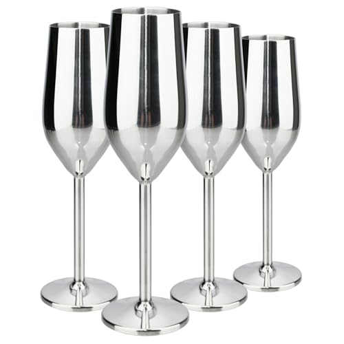 TJ Unbreakable 8 Oz Stainless Steel Champagne Flutes (4 Pack)- Silver Champagne Glasses - Reusable Indoor Outdoor Drinkware - Keeps Drink Cool for Longer - Gift Idea