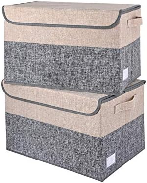 E-MANIS Large Foldable Storage Bin Storage Boxes with Lids,Fabric Storage Basket Cube Whit Handles for Organizing Shelf Nursery Home Closet & Office (2-Pack, Beige and White)