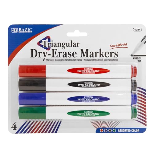 Bazic 1284 Triangle Dry-Erase Chisel Tip Markers, Assorted Color - Pack of 4