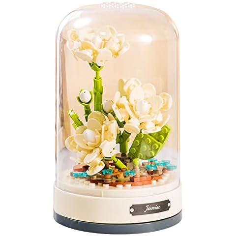 MEIEST Building Blocks Flowers Bouquet Set with Music Box and Dust-Proof Dome,Simulation Artificial Particle Flower Collection Construction Building Bricks Toy,Home Decor (White Jasmine) Cover