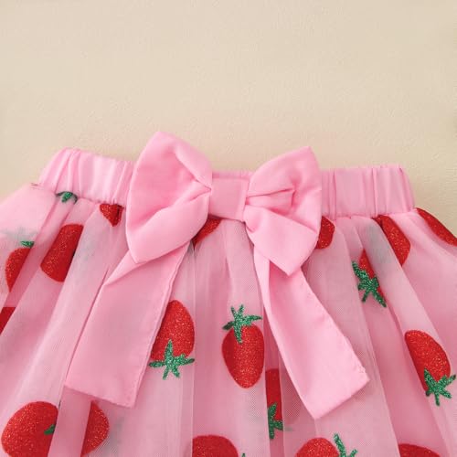Neugeborenes Baby Mädchen Outfit Ersten Geburtstag Rock Set Geraffte Ärmel T-Shirt und Tütü Tüllrock 1.Geburtstags Bekleidungssets Sommer 2-teiliges Kleidung ONEShirt+Netzrock(1 Jahre,Erdbeeren)