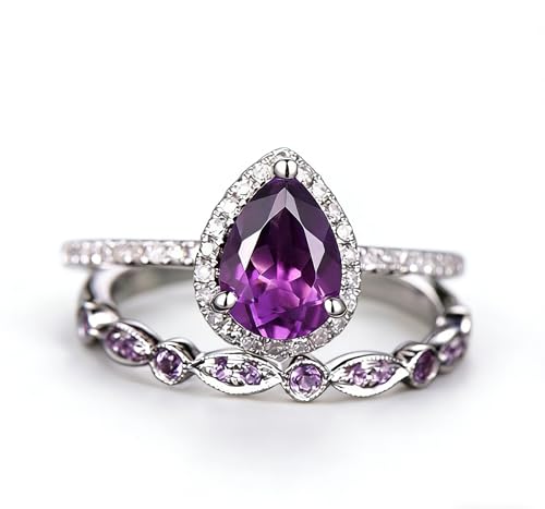 AZQ 925 Sterling Silver Shining Amethyst Ring Tear Drop Shape 3Ct Cubic Zirconia Promise Rings Set CZ Teardrop Halo Ring Eternity Engagement Wedding Band Ring Sets for Women, US Code 9, Sterling