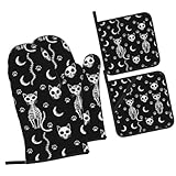 Juego de 4 manoplas de horno y soportes para ollas de Halloween con diseño de esqueleto de gato gótico, almohadillas calientes resistentes al calor, antideslizantes, guantes de barbacoa para cocina,