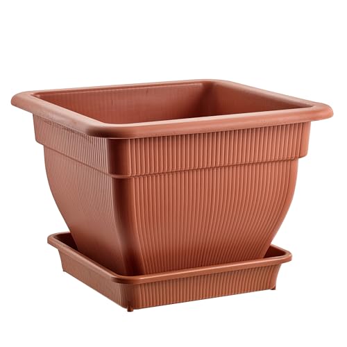 BURI Pflanzkübel 38x38 cm Blumentopf groß | Pflanztopf mit Wasserspeicher und Untersetzer | 18 Liter Blumenkübel Außen & Innen in Terrakotta | UV-stabil, frostsicher, extrem robust
