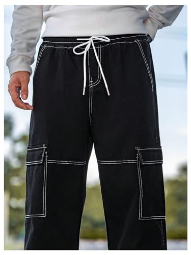 OYOANGLE Men's Jeans Cargo Pants Drawstring Waist Flap Pocket Straight Leg Denim Pants Streetwear4