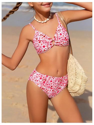 Image of OYOANGLE Girl's 3 Piece Bikini Sets Floral Print Spaghetti Straps Cute Swimsuits with Beach Skirt Bathing Suits