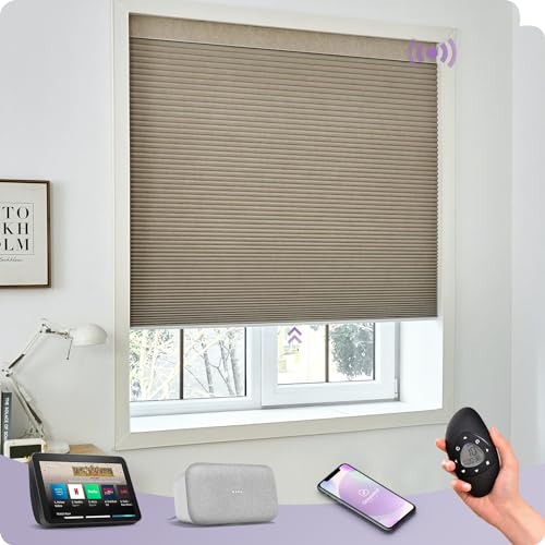 Graywind Smart Custom Cellular Shades Compatible with Alexa Google Blackout Rechargeable Motorized 5/8' Single-Cell Honeycomb Window Shades Remote Accordion Blinds, Melange Coffee