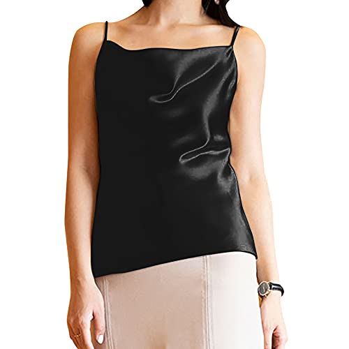 Miqieer Basic Women's Silk Tank Top Ladies V-Neck Camisole Silky Loose Sleeveless Blouse Satin Tank Shirt(Cowl Neck-Black,Xs) #TOP4