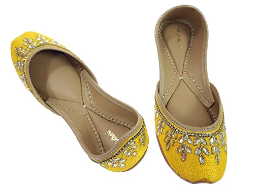 Image of Fulkari Women's Dolli Gold Genuine Soft Leather Embroidered Jutis | Bite and Pinch Free Jutti | Punjabi Formal Juttis | Girl's Wedding Flat Ladies Mojari | Formal Ethnic Juti |