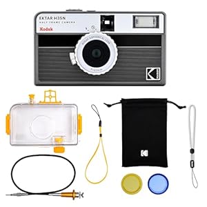 KODAK EKTAR H35N Half Frame Film Camera, 35mm, Reusable, Focus-Free, Bulb Function, Built-in Star Filter, Coated Improved Lens (Film & AAA Battery are not Included) (Striped Black, Premium Kit)