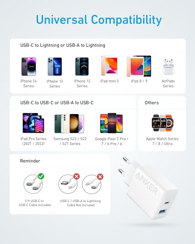 Anker snelle 20W-wandoplader met 2 poorten en USB-C-oplaad voor iPhone 15/iPhone 15 Plus/iPhone 15 Pro/iPhone 15 Pro Max/iPad en meer (inclusief USB-C-kabel van 1,5 m) - Afbeelding 8