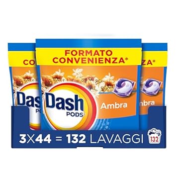 Dash Pods Detersivo Lavatrice In Capsule, 132 Lavaggi (3x44), Ambra, Rimuove le Macchie, Igienizza, Dona Freschezza, Brillantezza Per I Capi