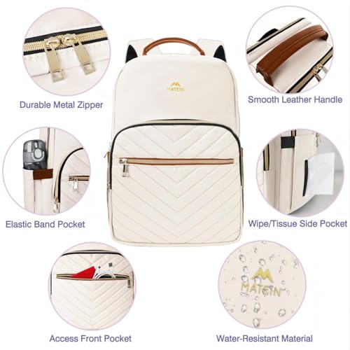 Image of MATEIN Lightweight School Backpack for Women, 15.6 Inch Laptop Backpack | Slim Design, Fashion Teacher Nurse Bag, with Leather Handles, Casual Daypack Perfect, for Work and Commute, Beige
