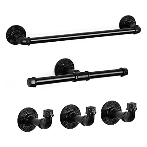 MOOACE Bathroom Hardware Set 5 Pieces, Bath Towel Bar Set Wall Mounted, Includes 18" Hand Towel Bar, Toilet Paper Holder and 3 Robe Hooks, Industrial Pipe Bathroom Accessories Kit Cover