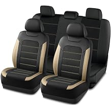 PIC AUTO Car Seat Covers, Premium Leather and Air Mesh Automotive Sports Seat Covers Full Set, Front and Rear Bench, Airbag Compatible Universal Fits Most Cars, SUVs, Trucks and Vans Black & Beige