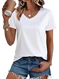 SMENG Cotton Shirt for Women V-Neck Short-Sleeve T-Shirt, White, M