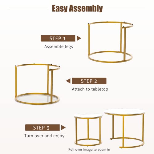Idealhouse Round Coffee Table Set Of 2, Modern Accent Marble Texture Coffee Tables For Living Room, Nesting Table For Reception Room And Office Room (Gold) #TOP7