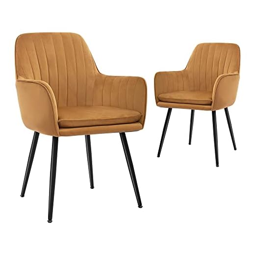 CangLong Dining Chairs Set of 2, Mid Century Dining Room Chairs, Upholstered Velvet Dining Chair with Metal Legs, Vanity Chairs, Accent Chair for Kitchen, Living & Dining Room, Earthy Yellow