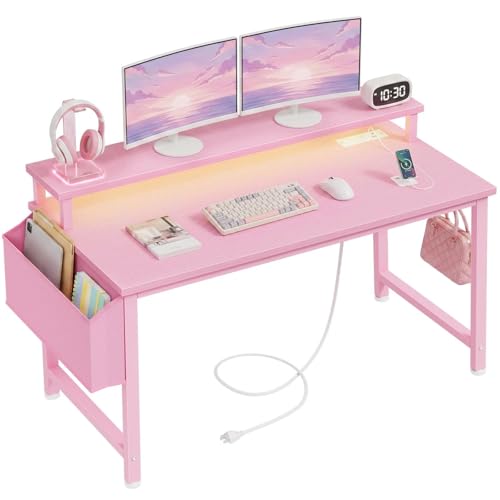 Image of Lufeiya Girls Desk with Power Outlets and LED Lights, 40 Inch Gaming Desk Table with Charging Station, Home Office Computer Desks with Monitor, Pink