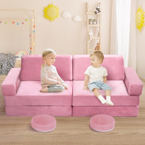 whiffee 10Pcs Kids Play Couch,Toddler Sofa,Modular Kids Couch for Playing, Creativing, Sleeping (Pink) by whiffee - Image 3