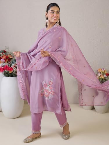 Image of INDO ERA Women's Straight Organza Floral Embroidered Kurta & Pant with Dupatta Set (IESTR9806)