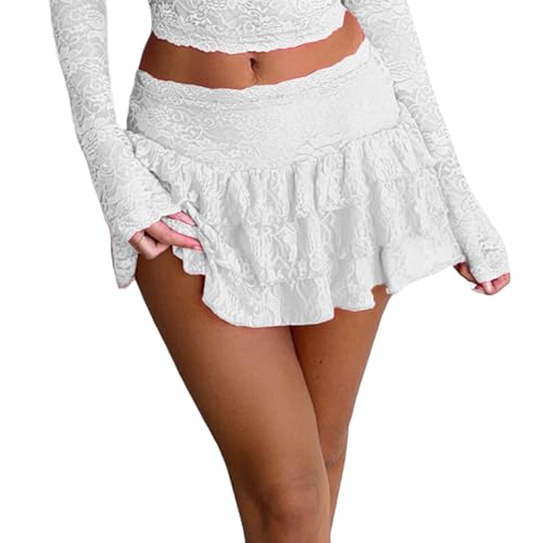 Women Lace Mini Skirts Y2k Elastic Mid Rise Tiered Ruffle Short Skirt Going Out Clubwear