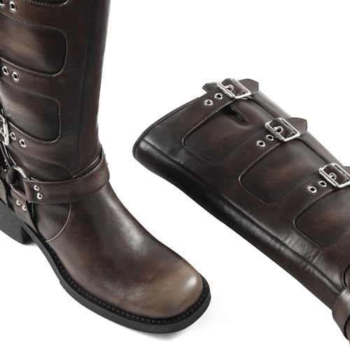iiimmu Women's Mid Calf Boots 14" Shaft Height Buckle Strap Gothic Motorcycle Boots Retro Punk Style Combat Riding Boot3