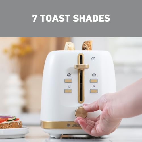 Image of West Bend Timeless 2-Slice Toaster with 7 Browning Levels, Bagel /Waffle /Defrost Settings, High-Lift Lever, Anti-Jam, Easy-Clean Crumb Tray, 2-Slice, White /Gold