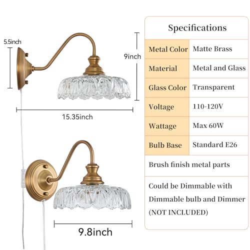 Image of HDDFL Vintage Plug in Wall Scone Bedside Wall Lamp Plug Corded Matte Brass Bedroom Light Fixtures in Door Lighting Fixture for Living Room Hallway Corridor