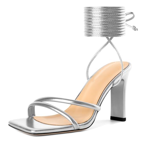 Image of Joseywade Chunky Heels For Women Lace Up Tie Up High Heel 3.5 inch Heeled Sandals Open Toe Shoes