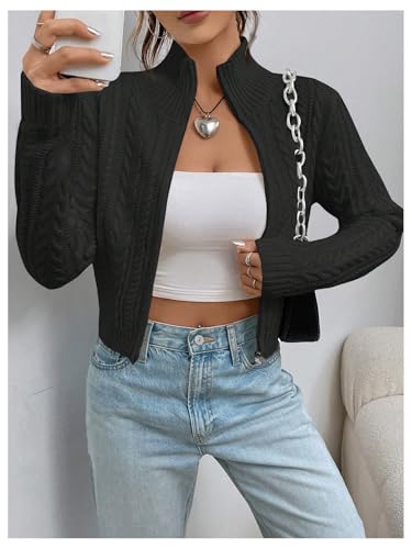 Image of MakeMeChic Women's Cropped Cable Knit Sweater Zip Cardigan Fall Clothes